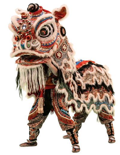 Dos personas representando el disfraz para la danza del león en China. Oculta a los dos artistas; uno controla la gran cabeza articulada y las patas delanteras, mientras que el otro sostiene el cuerpo y las patas traseras.